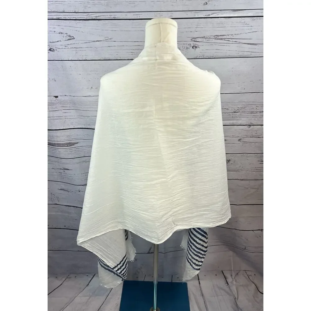 MNG White Blue Stripe Cotton Scarf Shawl Wrap Fringe Raw Hem Lightweight - Picture 4 of 4